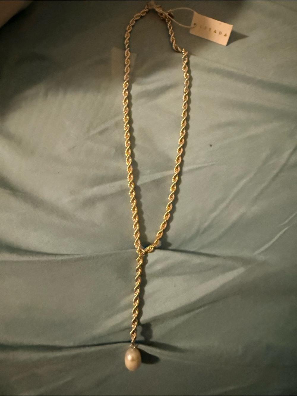 Gold Rope Chain Lariat Necklace with Pearl Drop